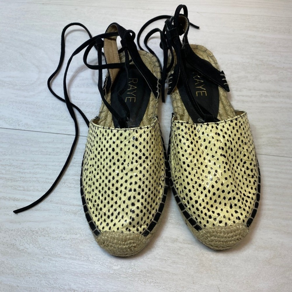 RAYE Womens 8 Espadrille Flats Lace Up Ankle Tie Yellow Black Leather Snakeskin